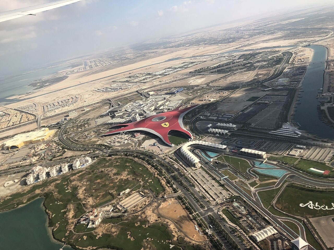 Aerial view of Ferrari World and Yas Island